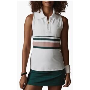 NEW Varley Darnell Performance Polo Women's M Pique Knit White Stripe 1/4 Zip